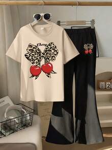 2件組青少年女孩櫻桃豹紋印花套裝，柔軟短袖喇叭褲兩件式休閒夏季套裝 - 杏色 - 查看 2