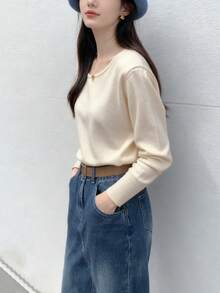 Women's Solid Color Loose Fit Casual Pullover Dropped Shoulder Short Knit Sweater - Apricot - View 4