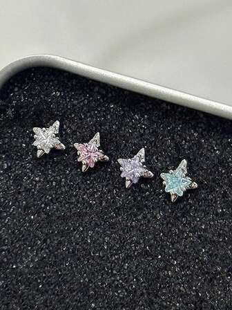 4件套精致钛钢四角星耳钉，镶嵌锆石五角星，百搭耳骨穿孔款式