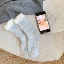 2 Pairs Of Bow Tie Socks With Slight Pressure Mouth, Mid Tube Socks, Sweet Autumn And Winter Stacking Socks - 淺灰藍 - 查看 13