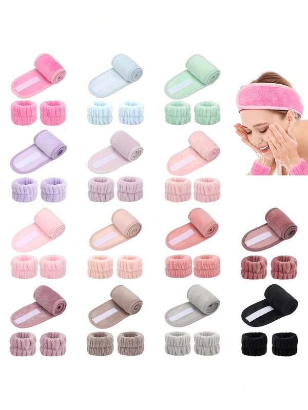 3pcs/Set Headband & Wristbands, Suitable For Face Washing, Cleansing, Makeup Application, Makeup Removal, Travel, Fits All Skin Types