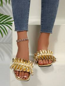 Sandales plates pour femmes, mules style fée française à bout rond, nouvelles sandales plates à enfiler pour l'été 2024 pour la plage et les vacances - Doré - Voir 3