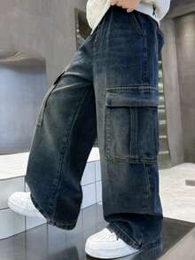 青少年/少年男童休闲直筒裤，百搭时尚工装裤，宽松阔腿裤 - 深色水洗藍 - 查看 3