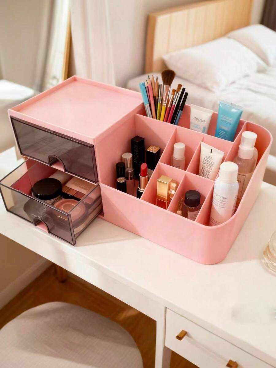 منظم مستحضرات التجميل ذو سعة كبيرة مع أدراج - صندوق تخزين مكياج محمول للشفاه والعناية بالبشرة، بلاستيك متين، صندوق تخزين مستحضرات التجميل، صينية الخزانة، أكثر من حجرة واحدة - أبيض - مشاهدة 1