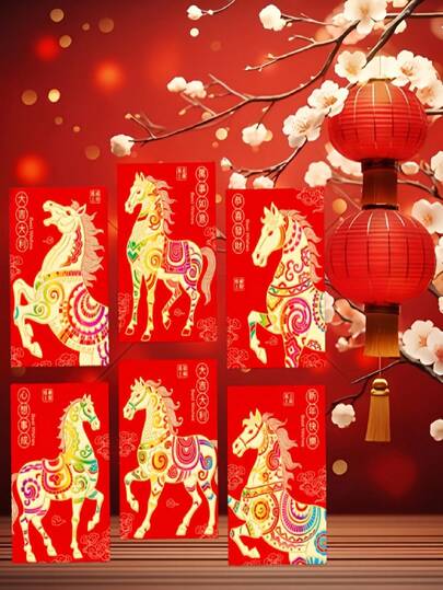 6/18/36pcs Chinese New Year Lucky Horse Red Envelopes - 6 Unique Designs, Foil Stamping, Holiday Paper Bags, Suitable For Celebrations, Great For Gifts And Holiday Occasions, Holiday Gift Bags | Decorative Envelopes | Paper Envelopes