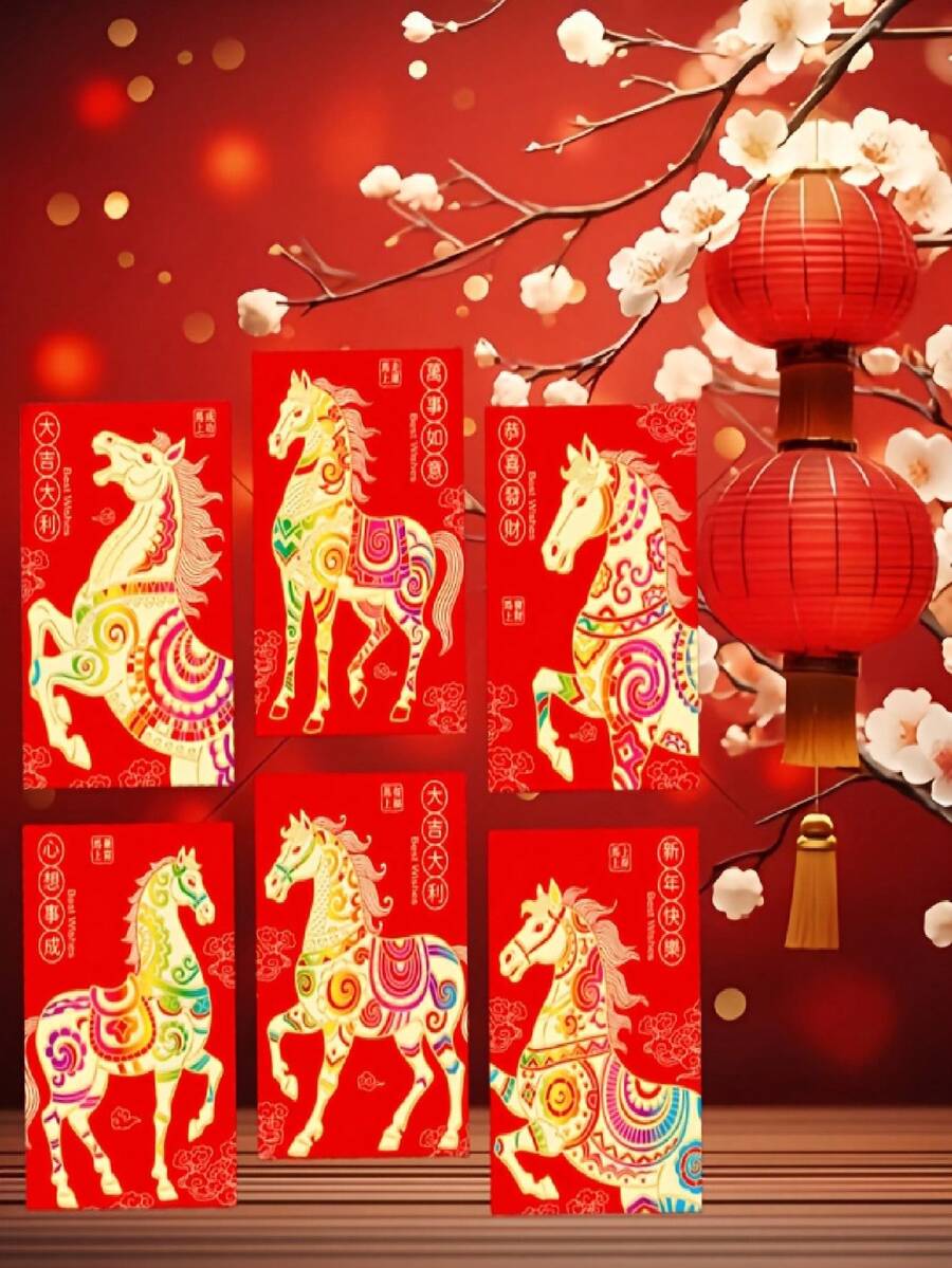 6/18/36个装中国新年幸运马红包 - 6款独特设计，烫金工艺，节日纸袋，适合庆祝活动，是馈赠佳品和节日场合的理想之选，节日礼品袋 | 装饰信封 | 纸质信封