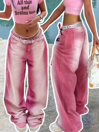 女式 Y2K 休闲破洞直筒牛仔裤，度假风格，秋季