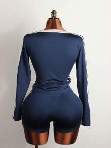 FQLWL 夏季运动女装两件套俱乐部服装字母印花 V 领短款上衣 + 配套抽绳短裤休闲运动服