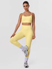 Sodalemon Women Fitness Backless Straight Strap Yoga Training Sport Bra - Yellow - View 8