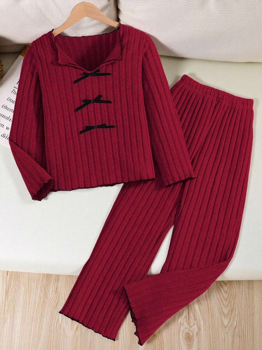 2件組優雅春秋女款淺紫色溝槽條紋布料小V領蝴蝶結飾品,柔軟長袖寬鬆長褲居家休閒套裝 - 紅色 - 查看 1