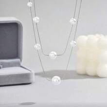 Women's Double Long Necklace With Large And Small Pearls, Elegant Thin Chain - Plateado - Ver 4