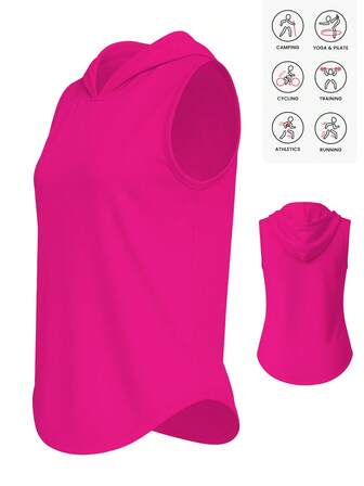 纯色无袖连帽运动背心，女士健身运动服，适合健身房、跑步、锻炼、居家