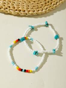 imoli 2pcs Minimalist Beaded & Stone Bohemian Style Anklet Set For Women, Perfect Gift For Travel & Vacation (Handmade Beads Quantity & Size May Vary) - 31022-ank-white-eP - View 4