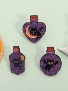 一套紫色魔法瓶珐琅徽章，朋克蝙蝠猫月亮星星闪电胸针翻领徽章饰品朋友礼物 - 彩色 - 查看 1