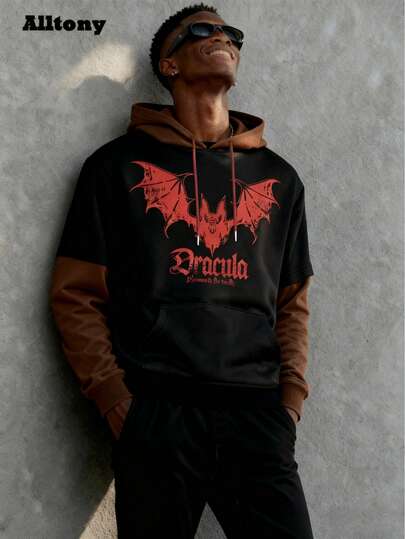 Alltony Men's Hooded Sweatshirt, Spring And Autumn Style, Thin Drawstring, Imitation Two Pieces Design, Black And Brown Color Blocking Sweatshirt, Red Bat Print, Kangaroo Pocket, Fashionable And Casual Sports Top, Color Blocking Sweatshirt, Lightweight Sportswear, Suitable For Street Jogging, Travel, Vacation, And Outdoor Commuting.