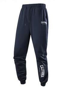 Plus Size Men's Autumn/Winter Drawstring Sweatpants, Breathable Elastic Letter Print Casual Joggers - Blue - View 2