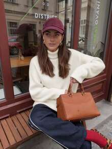 Senya 女士红色高领长袖针织毛衣，宽松休闲，百搭，适合圣诞节、元旦、情人节通勤穿着，女士冬季毛衣，新年款 - 杏色 - 查看 2