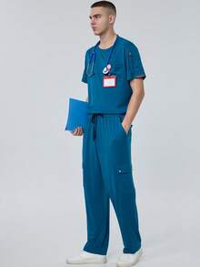 男士短袖多口袋上衣和纯色手术服，护士工作服，牙医保健服，宠物医院服，实验室医疗制服 - 水鴨藍 - 查看 5