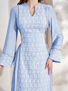 Váy Ả Rập cổ khoét tay dài thanh lịch, ren và viền bèo nhún bằng vải dệt, hoàn hảo cho phong cách khiêm tốn - Màu xanh da trời - Xem 3