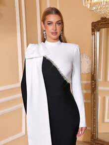 Love Aing فستان مخطط أسود وأبيض للسيدات، فستان طويل، فيونكة أنيقة، فاخر وأنيق، حفل رسمي، مصنوع يدويًا بالماس، ملابس رأس السنة، مناسبة احتفالية، كريم، فستان لضيف الزفاف، فستان طويل لمناسبة رسمية - أبيض وأسود - مشاهدة 6