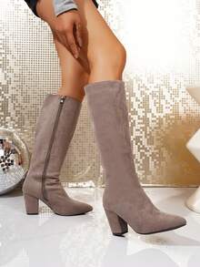 Women's Fashion Minimalist Pointed Toe Mid-Calf Boots, Chunky Heel Western Style Boots