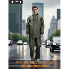 Men's Rainsuit, Black Thickened Adult Motorcycle Raincoat, Suitable For Cycling, Outdoor Work And Hiking. Made Of PVC Material, Slim Fit Design.