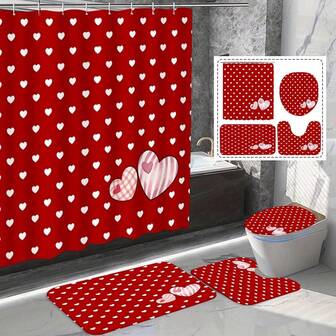 1/4 情人节红色爱心图案浴室帘套装，包含浴室帘、防滑浴垫、造型独特的马桶盖套、防水浴帘，71 英寸 x 71 英寸，带 12 个挂钩，浴室家居装饰