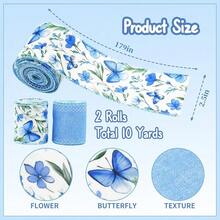 2 Rolls Vintage Blue Butterfly Floral Wired Ribbon - 2.5 Inch Wide, 10 Yards Total, Shabby Chic Blue Floral Ribbon For Wedding Decor, DIY Crafts, Gift Wrapping, Butterfly Design Wired Edge,Blue - Blue - View 4