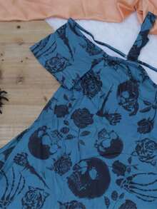 Summer Minimalist Skull Print Hollow Out Short Sleeve Dress - Dark Green - View 2