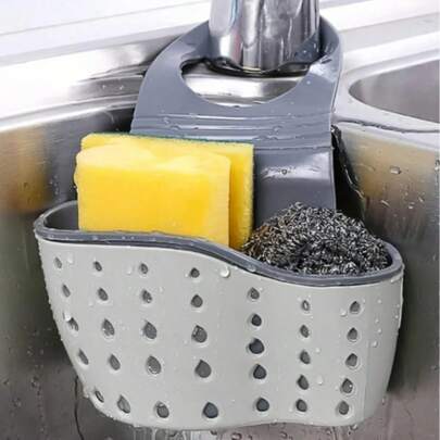 1 pieza Cesta colgante de drenaje para fregadero con caja de almacenamiento de silicona, estante de drenaje con correa ajustable para el hombro, soporte para esponjas, cesta colgante para grifos, bolsa de almacenamiento para la cocina, perfecta para guardar esponjas y trapos en la cocina, organizador ajustable para el fregadero de la cocina, artículos, accesorios y utensilios de cocina