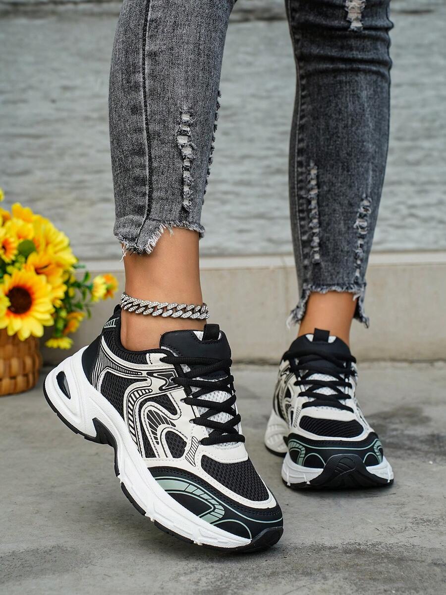 Women's Color - Block Chunky Sneakers, Mesh - Breathable, Retro Dad - Shoe Style, Comfortable For Running And Casual Sports .Soft Leather Thick-Soled Height-Enhancing Sneakers, Women's Breathable Mesh 2025 Spring, Summer And Autumn New Casual Running Shoes, Music Festival Millennial Style Back To School Must-Have - 黑色升級版 - 查看 1