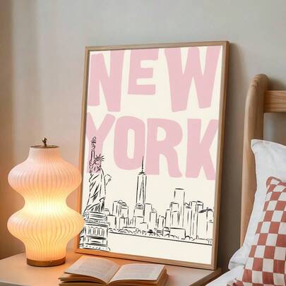 1 pieza Enmarcado/Sin marco Póster de lienzo de la Estatua de la Libertad de la ciudad de Nueva York, paisaje de la silueta de la ciudad estética rosa, impresión artística de pared de viaje de estilo minimalista y femenino para dormitorio, sala de estar, dormitorio, decoración moderna del hogar