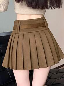 秋冬麂皮褶裥半身裙，修身剪裁，百搭韩版风格，显瘦显老，配腰带 - 咖啡棕 - 查看 5