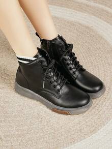 女士厚底系带踝靴，时尚百搭防滑耐穿舒适高帮休闲鞋，软底轻便侧拉链靴，秋冬款