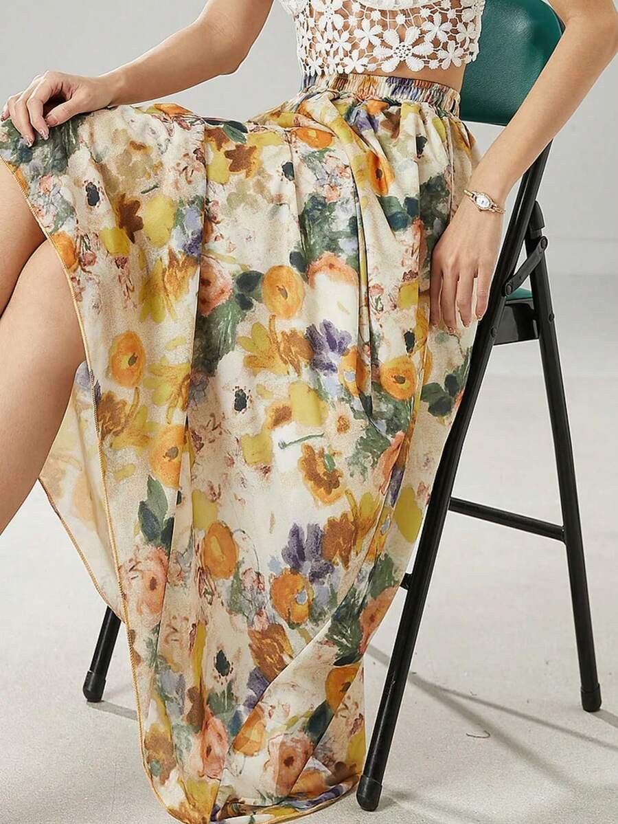女士油画印花优雅A字裙，波西米亚风格，涤纶面料，无弹力，适合春夏穿着 - 黃色 - 查看 1