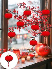 30/16个植绒红灯笼 DIY迷你吉祥吊灯，中国新年灯笼，DIY福字红灯笼摆件，婚礼派对装饰，中国春节新年礼物，家居装饰，场景装饰，主题派对装饰