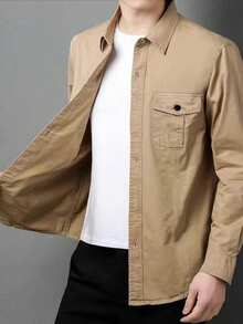 Men's Khaki Casual Long Sleeve Shirt, Outdoor Leisure Minimalist Fashion Shirt, Casual Jacket - Khaki - View 3