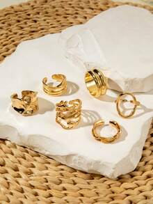 7件套时尚简约合金几何图案小众设计夸张褶皱弧形粗犷珠宝指节戒指套装，女士派对礼物 - 29913-G - 查看 4