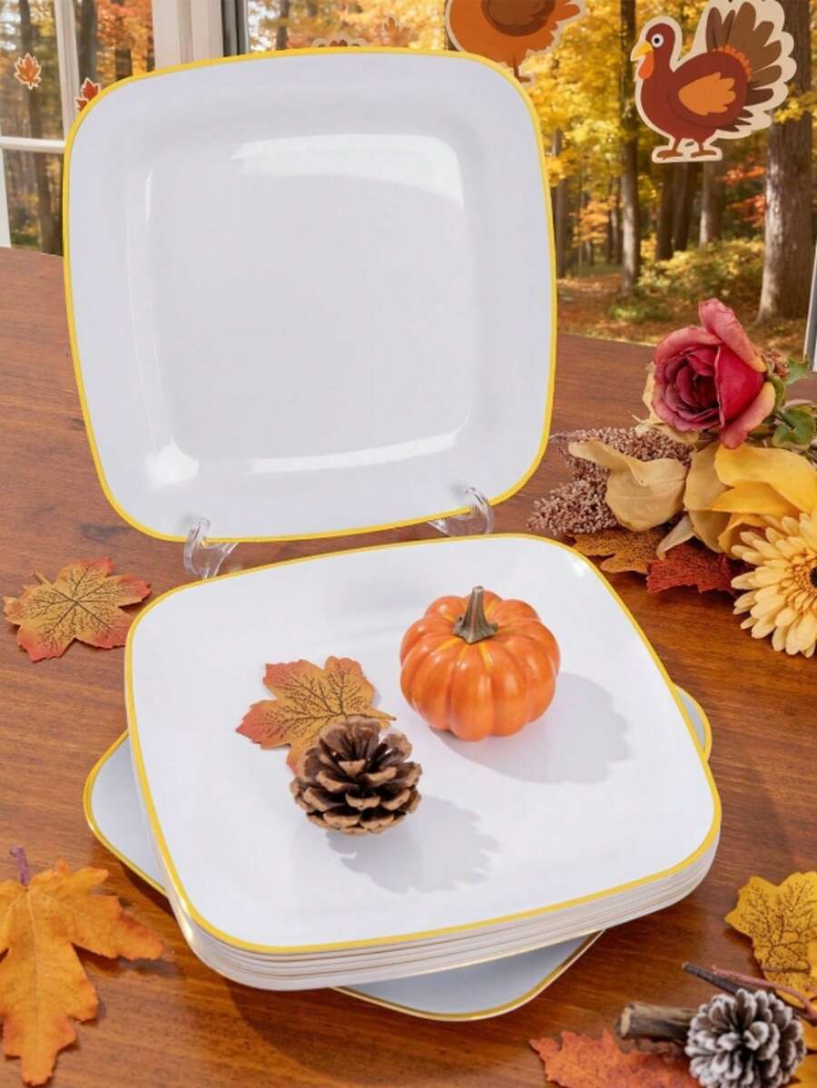 10pcs Square Gold Rimmed Plates - Heavy Duty Gold Square - Includes 10pcs 10.25 Inch Plates Or 10pcs 7.5 Inch Plates, Essential For Dinner, Dessert, Party, Wedding - White - View 1