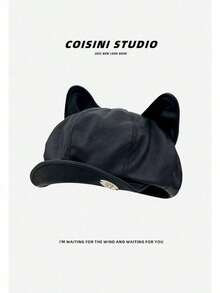1pc Women's Solid Color PU Cat Ear Shaped Cosplay Beanie Hat, Casual Retro Street Fashion Versatile, Suitable For Outdoor, Skiing, Cycling, Travel, Party, Daily Use, Autumn/Winter - 黑色 - 查看 9