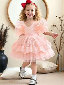 女婴优雅蕾丝薄纱缎面连衣裙，适合生日派对、宴会等场合，不含头饰