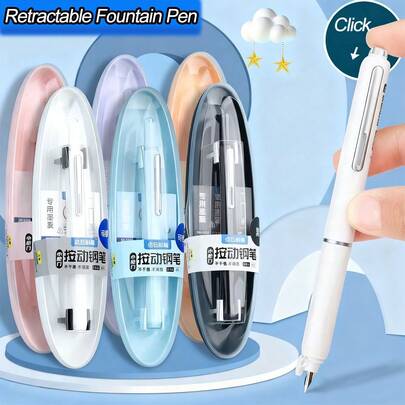 Retractable Fountain Pen Set, 0.38mm Fine Tip ,Includes 5 Black Cartridges ,No Leaking For Smooth Writing Great Gift School Office Supplies