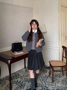Grey Pleated Mid-Length Skirt, Suitable For High School Girls, Woolen Fabric, Autumn/Winter - Dark Grey - View 6