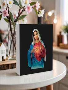 Virgin Mary's Flawless Heart Wooden Box Sign - Rustic Farmhouse Square Tabletop Decor, Featuring A Vibrant Floral Design, Perfect For Home And Office Décor. - trắng - Xem 1