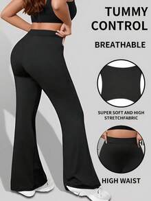 1件装涤纶纯色加大码女式喇叭运动健身裤 - 黑色 - 查看 5