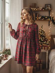 Women Plaid Long Sleeve Dress Casual Tie Front Round Neck A-Line Mini Ruffled Dress For Fall Spring - Red - View 4