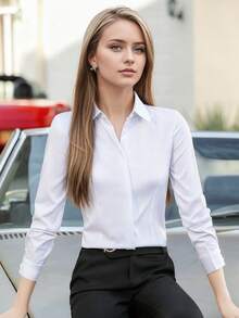 Petite Women White Long Sleeve Shirt, Professional Work Wear Blouse With Hidden Buttons, Spring/Autumn - White - View 3