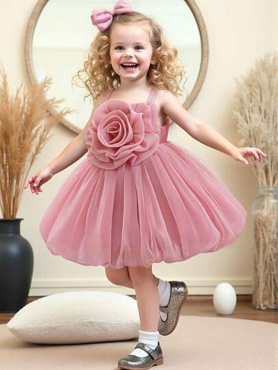 女婴花卉薄纱可爱生日公主裙，适合花童、婚礼、派对、外出等场合，不含头饰