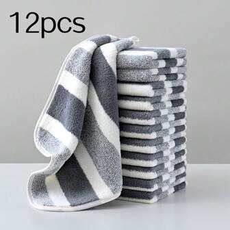 Set de 12 toallas de mano de terciopelo coral a rayas ultra suaves - 30 cm x 30 cm, de secado rápido y suaves para la piel, perfectas para cocinas y baños, toallas de cocina, juegos de toallas de baño, decoración navideña, decoración de Acción de Gracias, regalos de Navidad