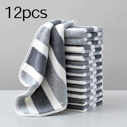 Set de 12 toallas de mano de terciopelo coral a rayas ultra suaves - 30 cm x 30 cm, de secado rápido y suaves para la piel, perfectas para cocinas y baños, toallas de cocina, juegos de toallas de baño, decoración navideña, decoración de Acción de Gracias, regalos de Navidad
